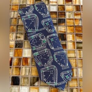 Josh Bach Men’s Baseball Stadium Tie/Necktie ~100% Silk~Navy/Green/White~Ex Cond